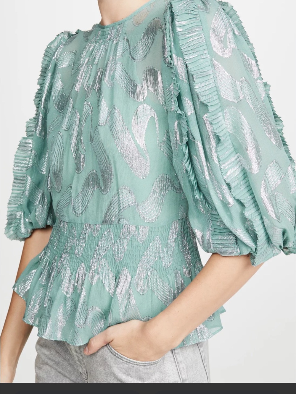 Rebecca Taylor Sage Green Metallic Leaf Peplum Top